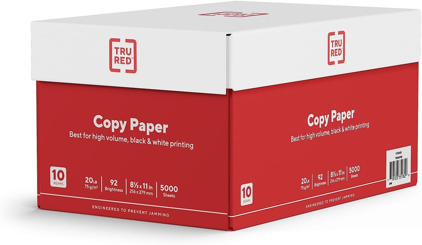 Communicates the product's key quantifiable specifications—quantity (10 reams, 5000 sheets), brightness rating (92), and paper weight (20 lb)—to help shoppers quickly assess capacity and quality.