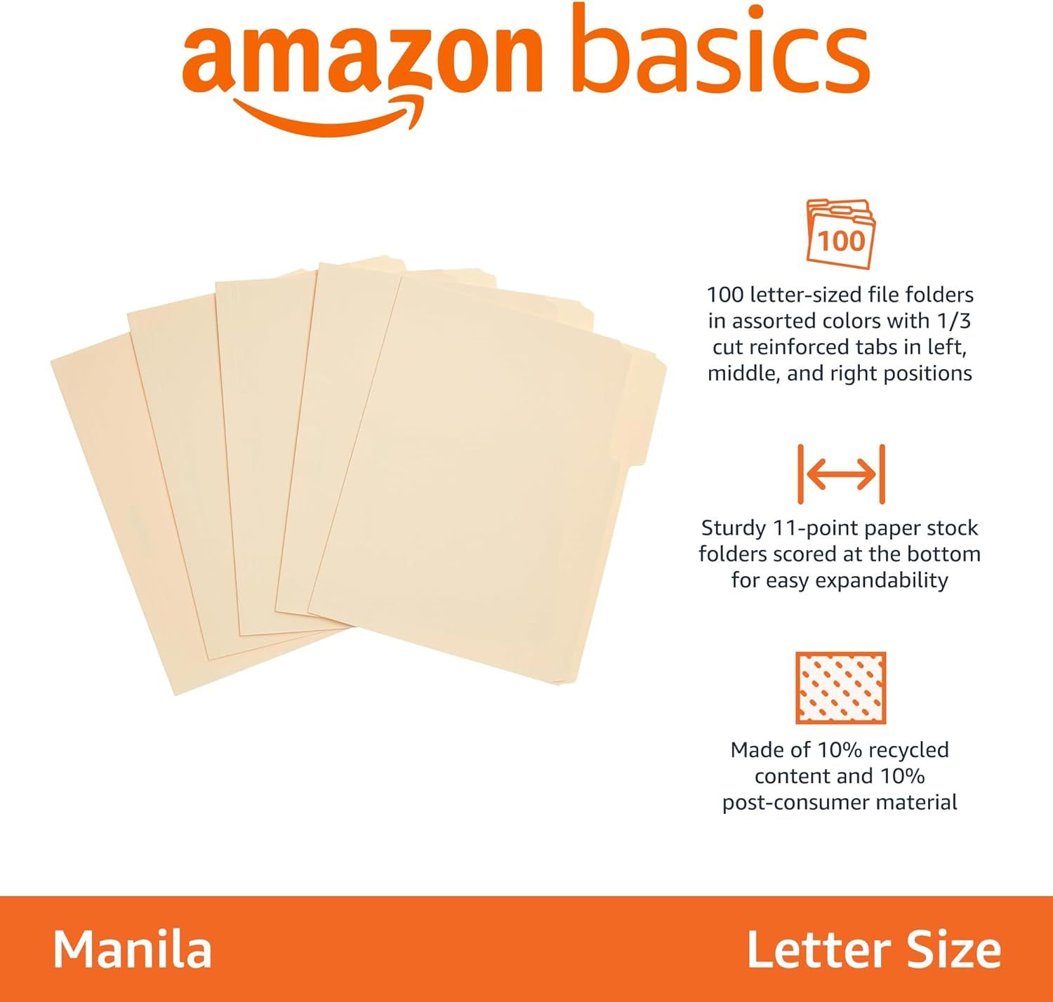 Communicates multiple key product benefits including quantity, durability, and eco-friendliness to help shoppers understand the value and quality of the file folders.