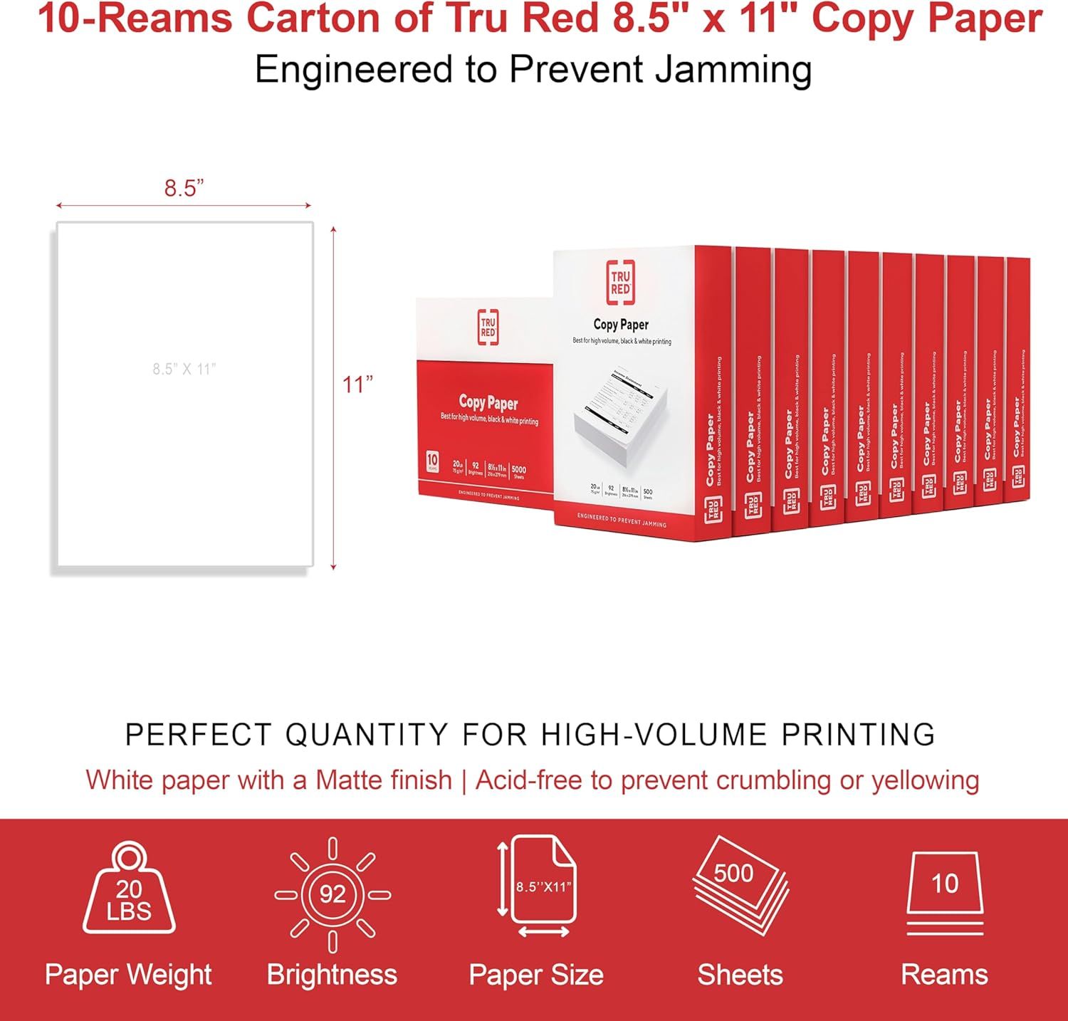 Communicates multiple product specifications and benefits in a segmented layout to help shoppers understand the paper's dimensions, quantity, quality attributes, and performance features for…