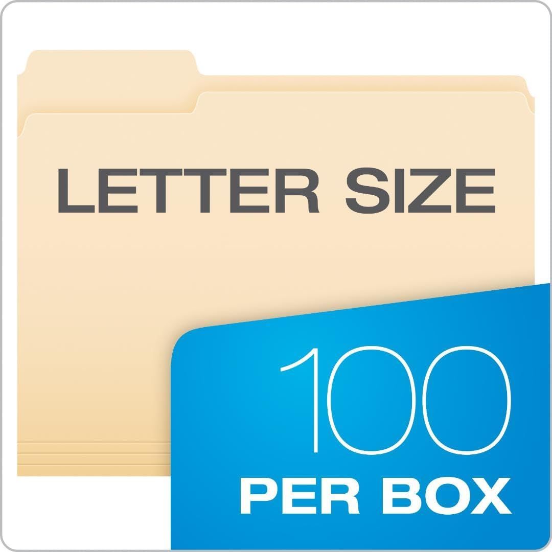 Communicates the physical size of the folders (letter size) and the quantity included (100 per box) to help shoppers understand what they are purchasing.