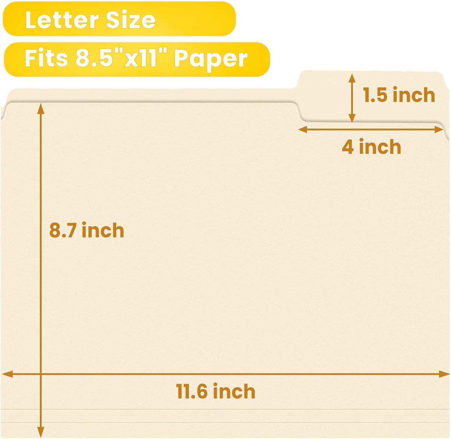 Communicates the exact physical dimensions of the file folder and confirms it fits standard 8.5x11 inch letter-size paper, helping shoppers verify compatibility with their needs.