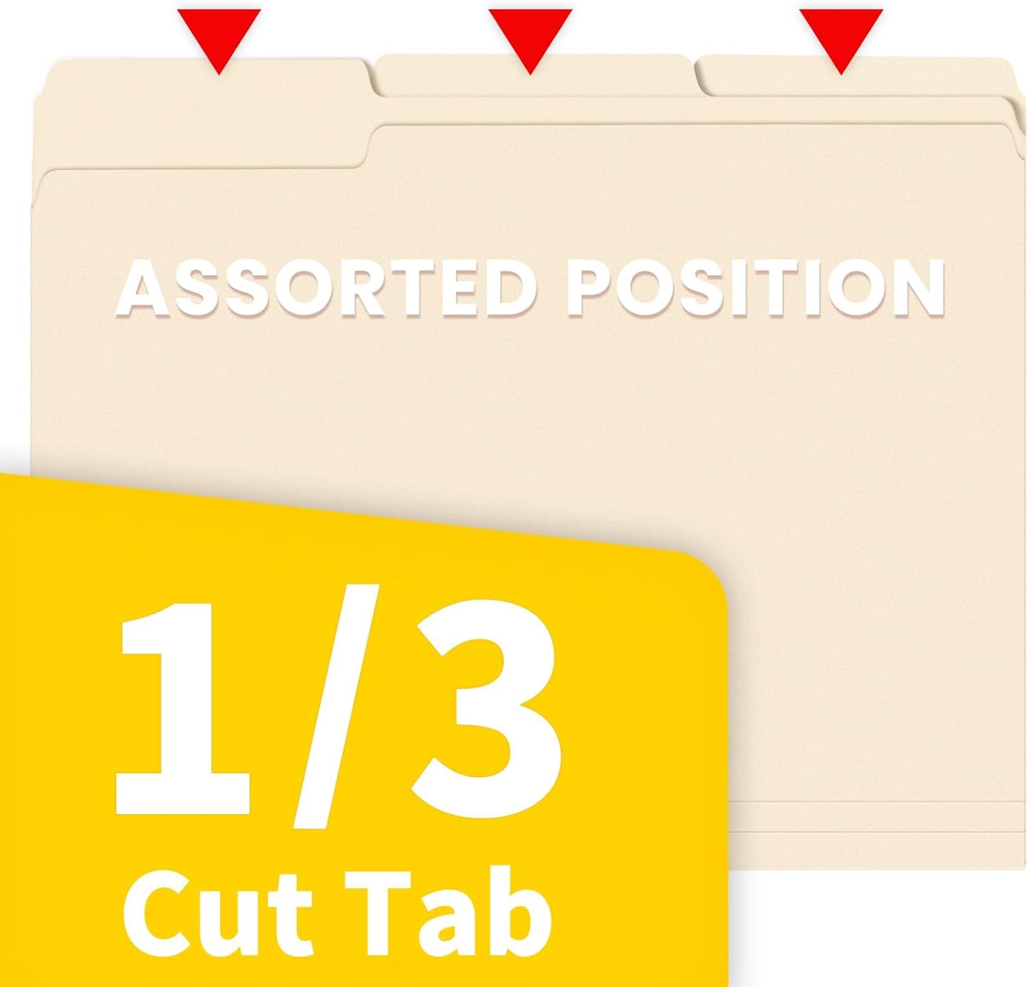 Highlights the file folder's tab configuration feature, communicating that the product offers organizational flexibility with assorted tab positions for easy filing and retrieval.