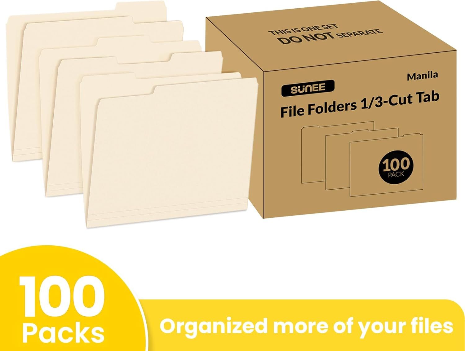 Shows the customer exactly what they receive when purchasing: manila file folders and their packaging box, emphasizing the 100-pack quantity and helping shoppers understand the complete bundle.
