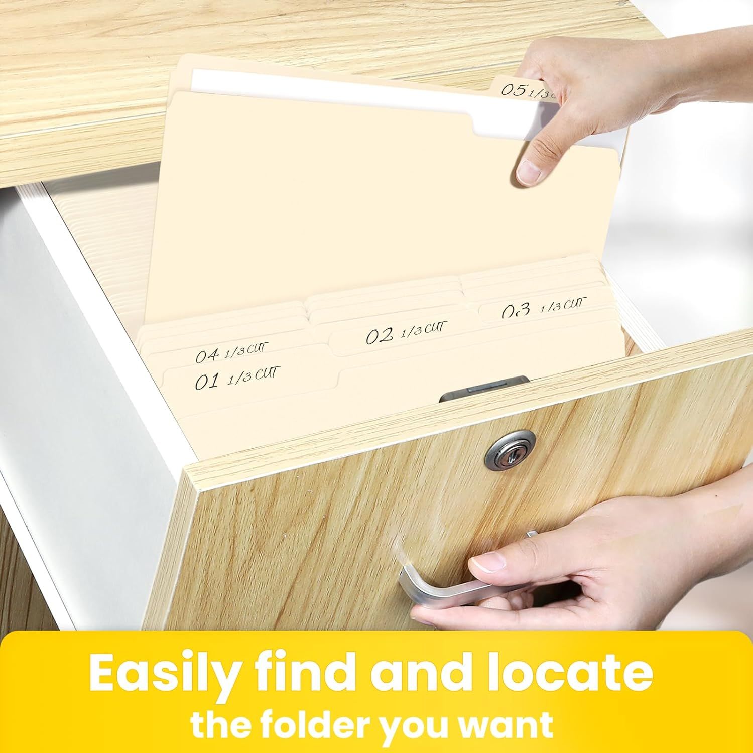 Demonstrates how the product helps users easily organize and locate files or folders with visible labeling, reassuring shoppers that the filing system is intuitive and efficient.