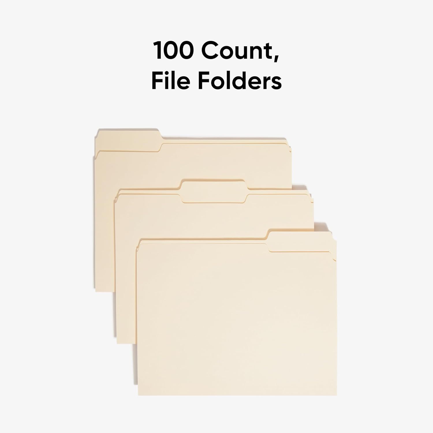Communicates the quantity included in the purchase (100 file folders) to help shoppers understand the value and volume they will receive.