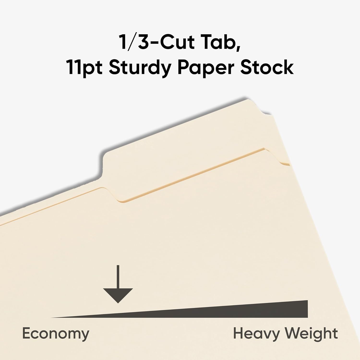 Communicates the premium quality and durability of the file folder by highlighting its heavy-weight 11pt paper stock construction, reassuring shoppers of its sturdiness compared to economy options.