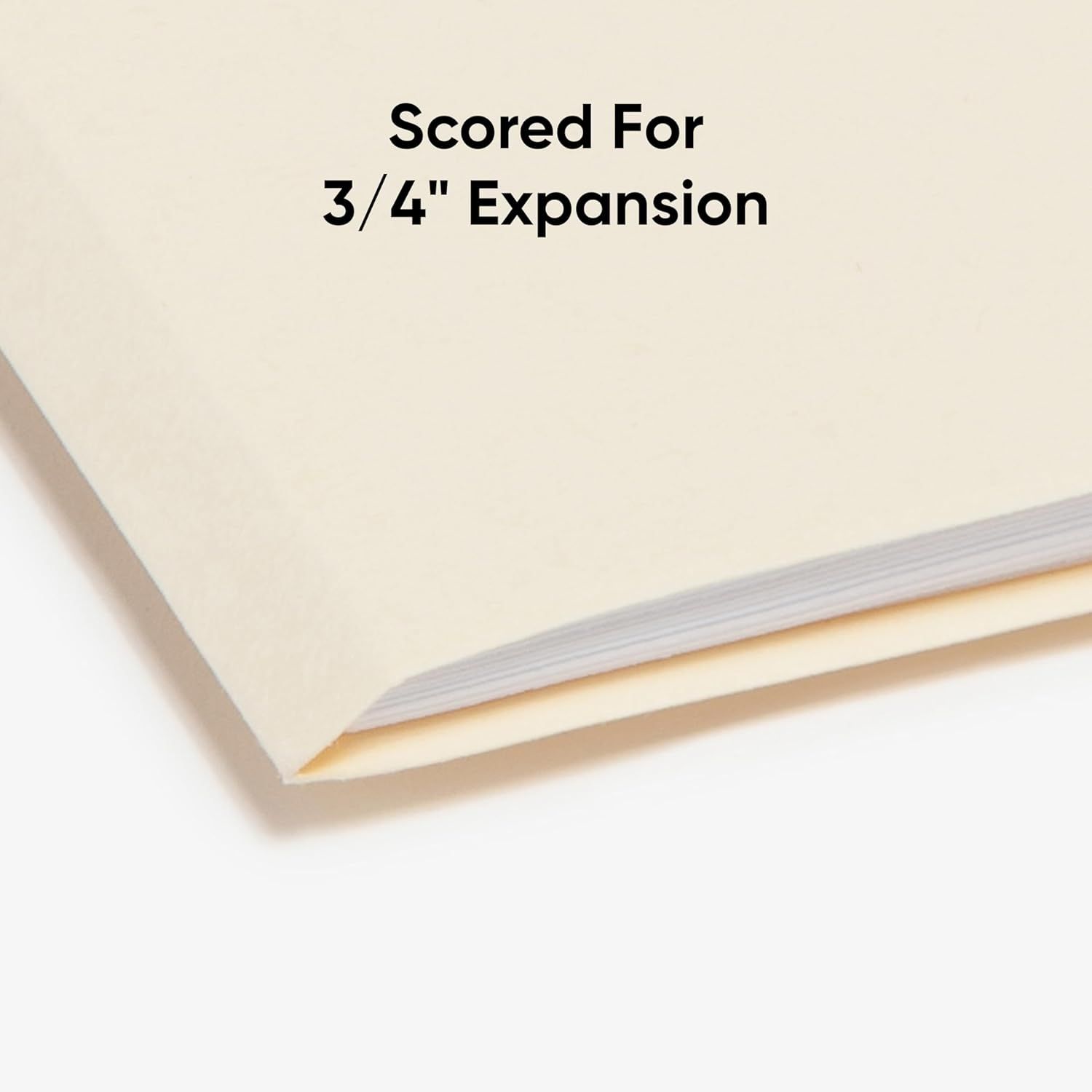 Highlights the product's scored design feature that allows for 3/4 inch expansion, communicating flexibility and capacity to accommodate more contents.