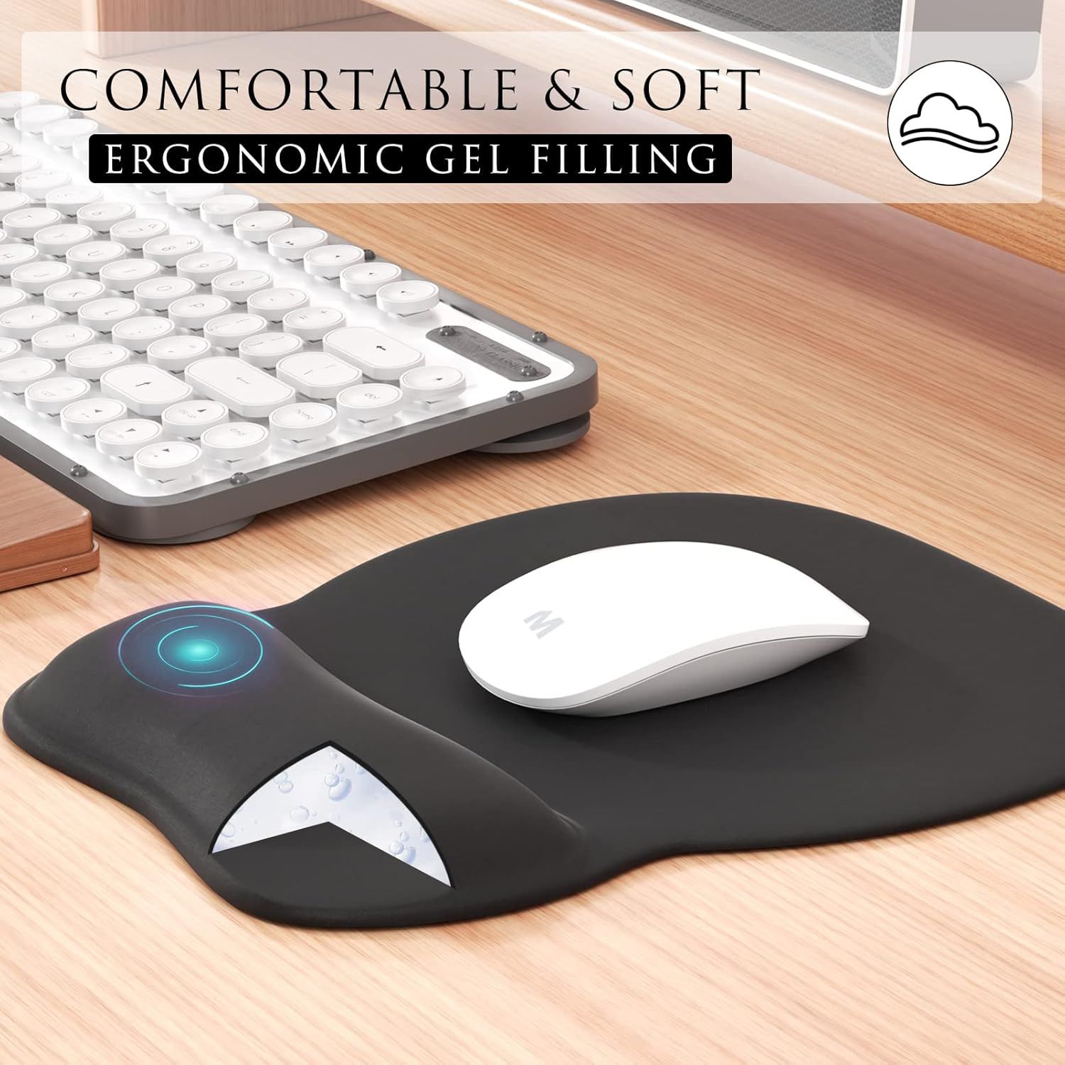 Highlights the ergonomic gel filling feature to communicate comfort and wrist support, reassuring shoppers that the mouse pad provides a soft, comfortable typing and mousing experience.