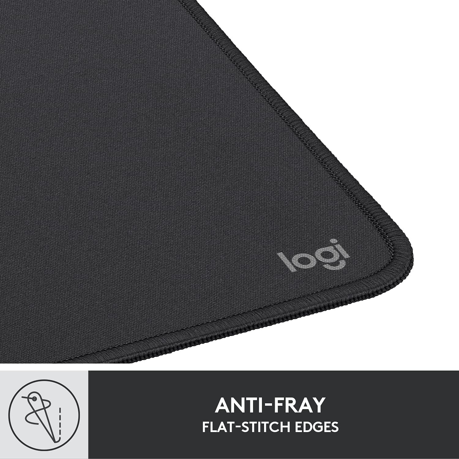 Highlights the product's flat-stitch edge construction to reassure shoppers that the mouse pad is durable and won't fray over time.