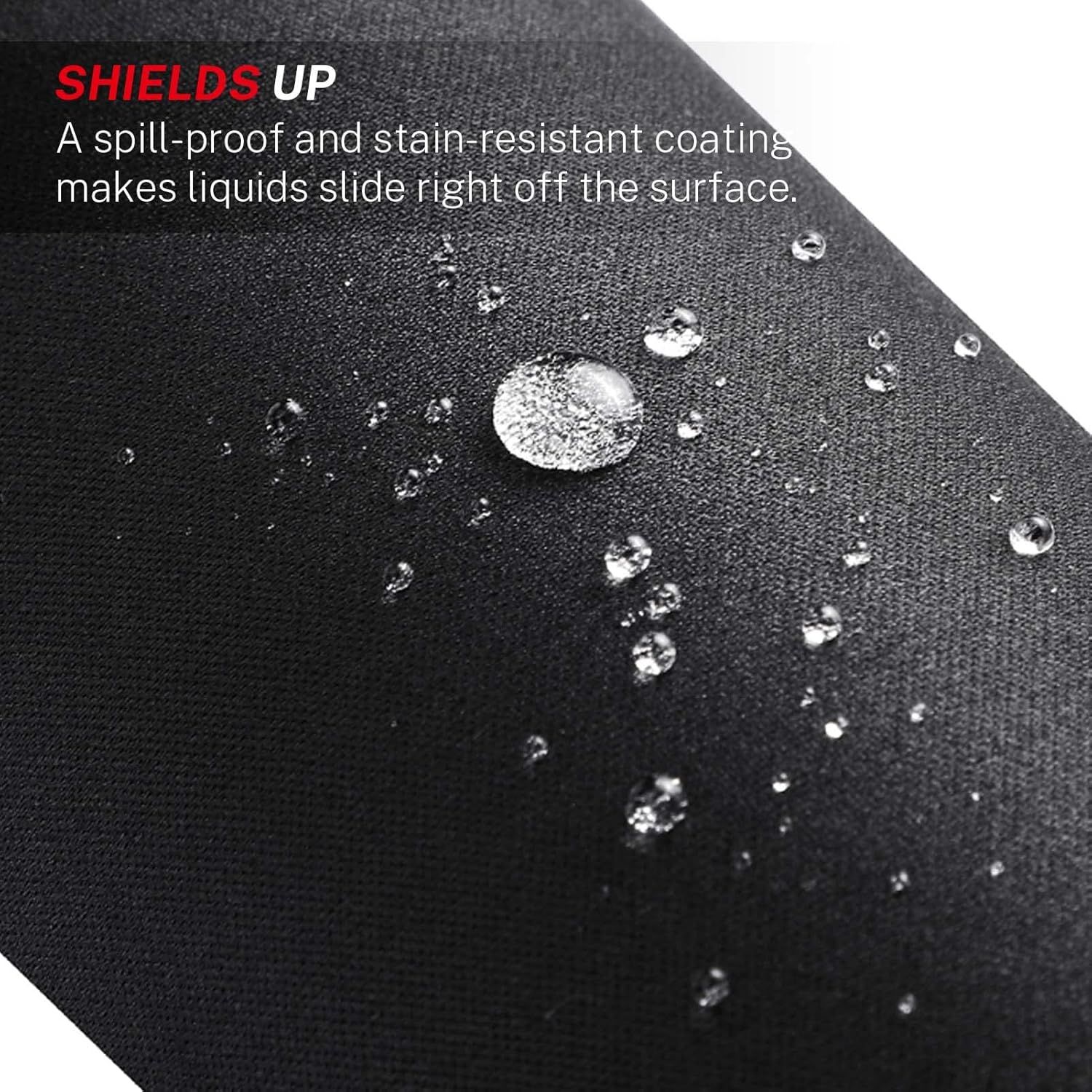Demonstrates the product's waterproof and stain-resistant coating by showing water beading on the surface, reassuring shoppers that liquids won't penetrate or stain the material.