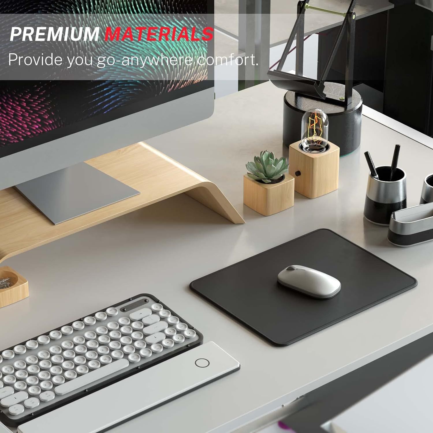 Communicates that the product is made from high-quality, premium materials to provide comfort and portability for use anywhere, appealing to shoppers seeking quality and versatility.