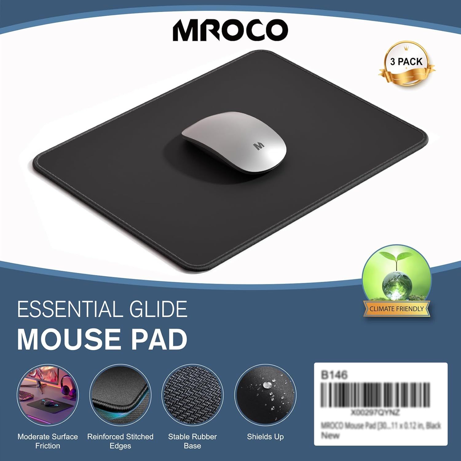 Communicates multiple product benefits through a segmented layout showing different features of the mouse pad, reassuring shoppers of quality construction and performance across several dimensions.