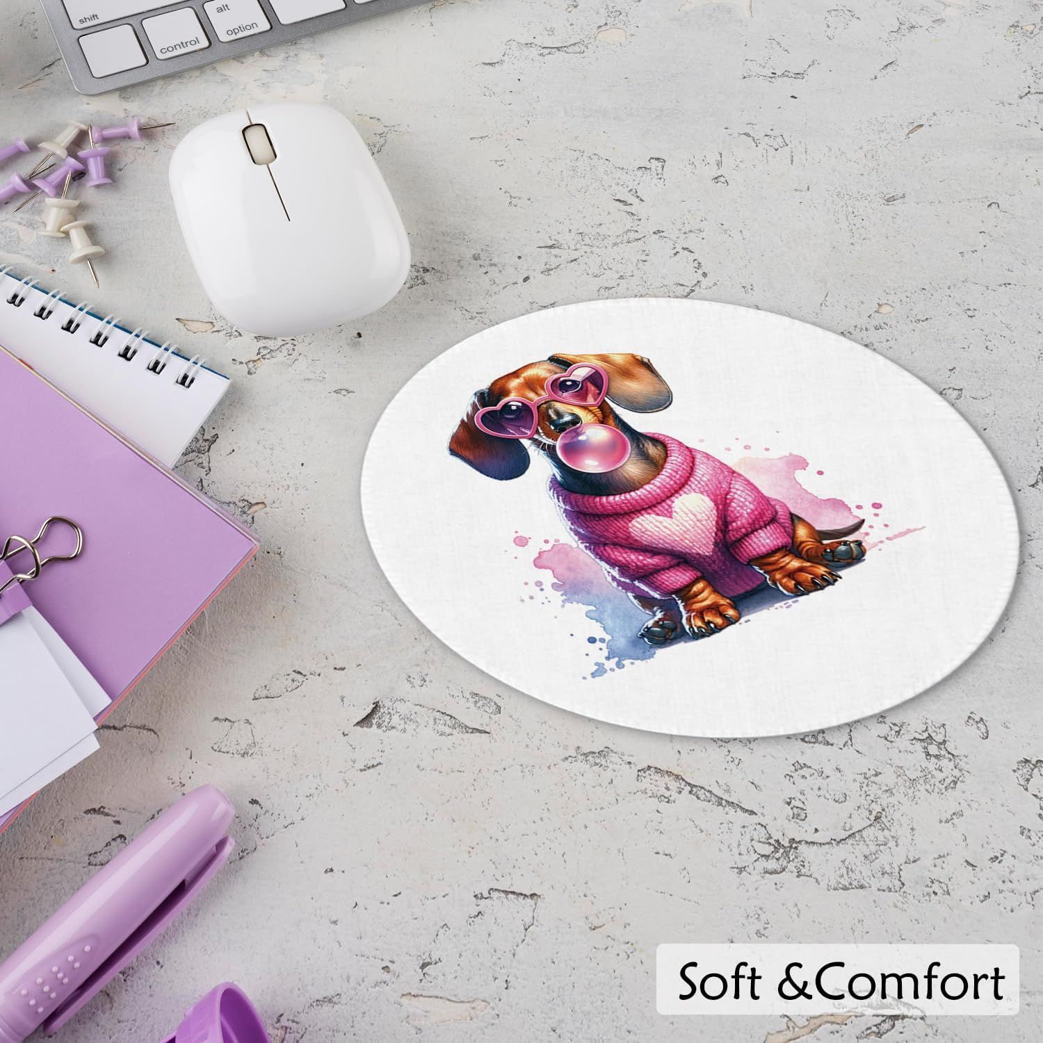 Communicates the soft and comfortable nature of the product, likely a mouse pad, through lifestyle staging and a clear text callout that emphasizes comfort as the primary benefit.