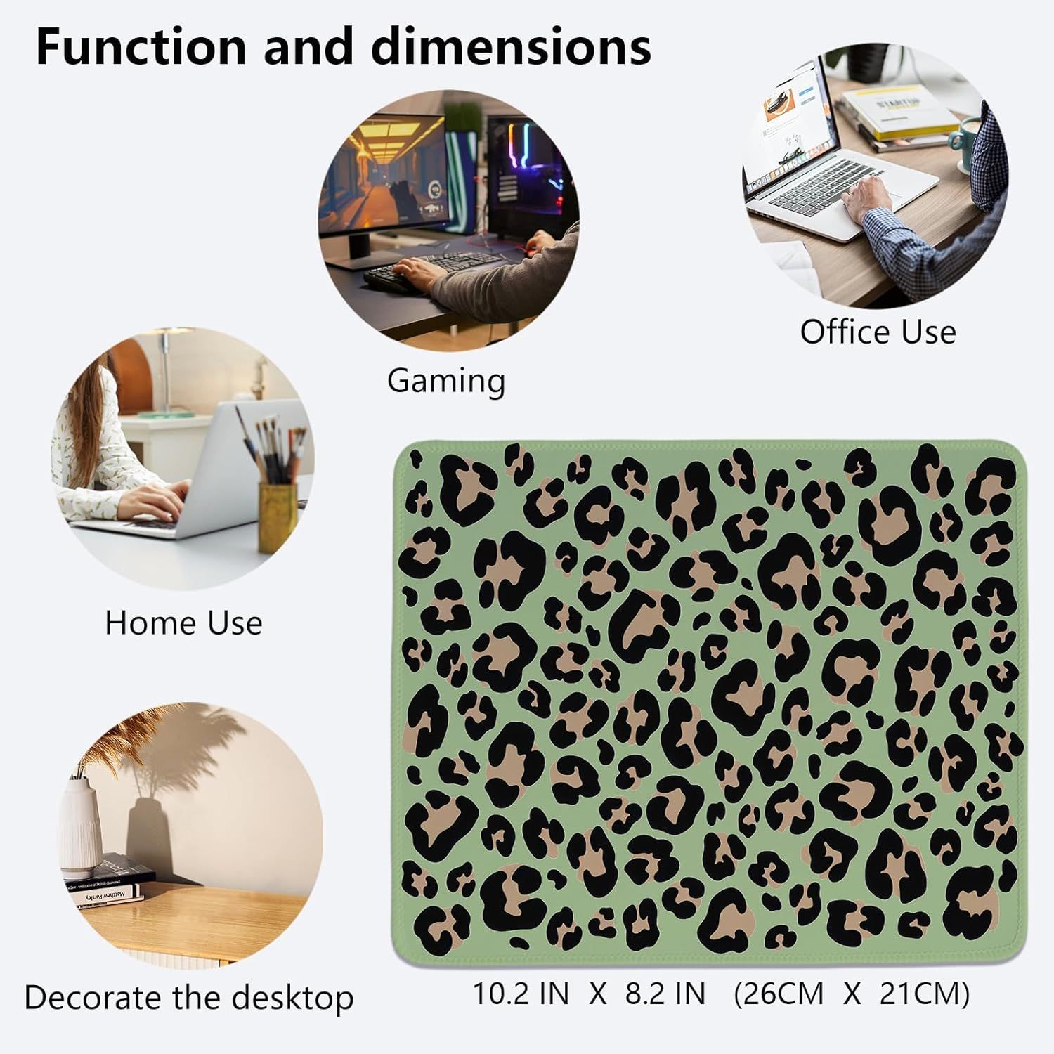 Demonstrates the multiple use cases and environments where the mouse pad can be used, from gaming setups to office work to home use and decorative purposes. Shows the exact physical dimensions of…