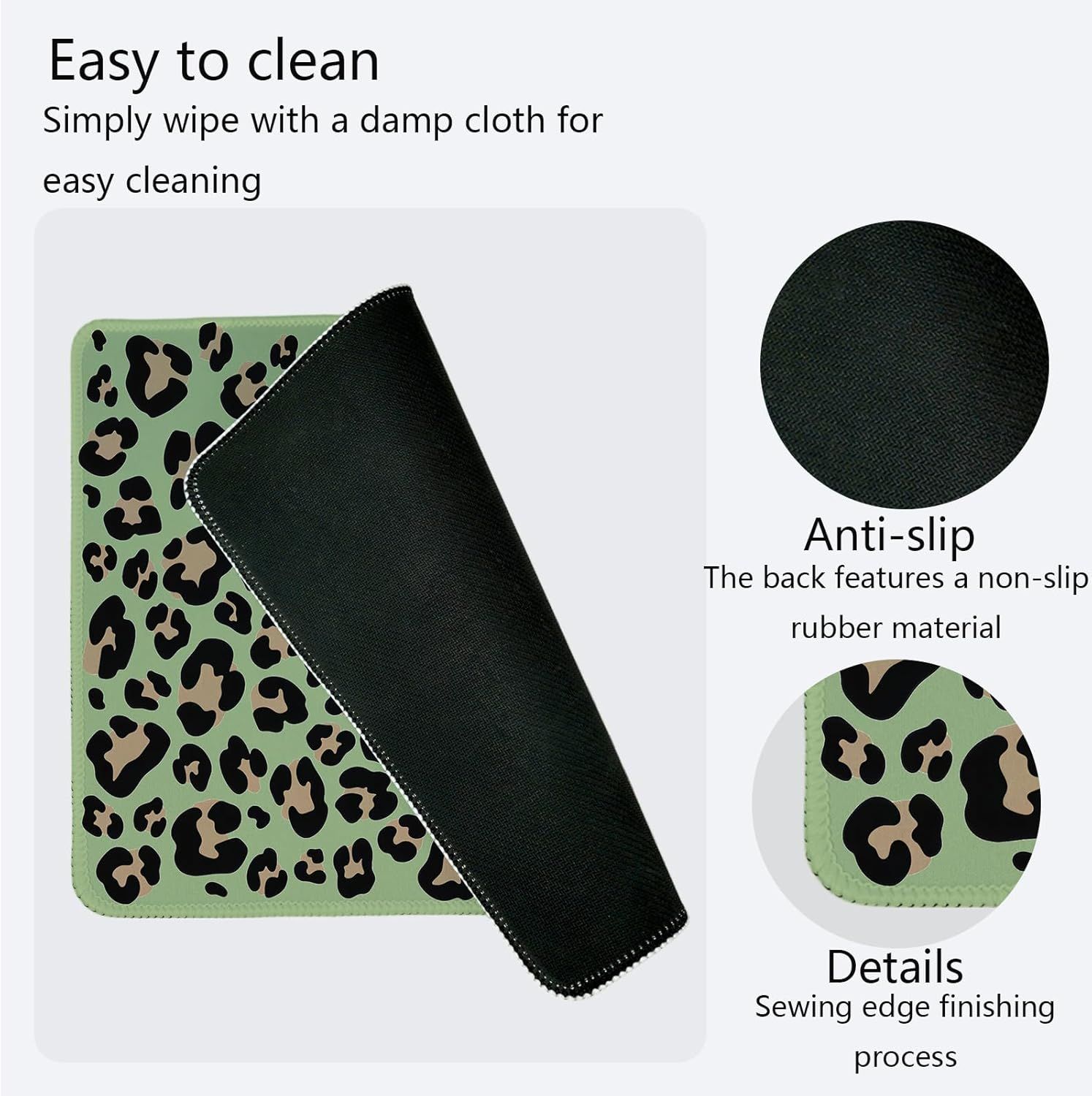 Communicates multiple product benefits in a segmented layout: easy maintenance, non-slip functionality, and quality construction details to reassure shoppers of the product's practical features.