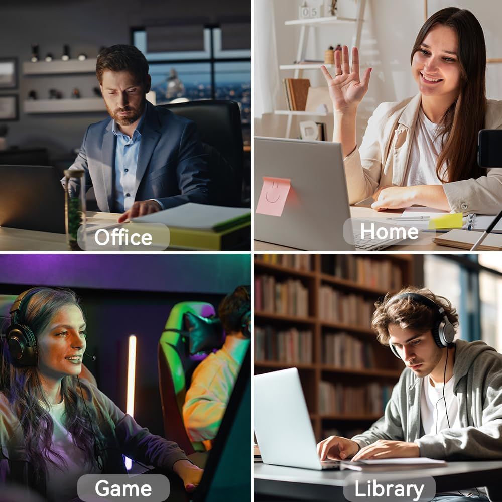 Demonstrates the product's versatility by showing it can be used effectively in multiple different environments and scenarios—office, home, gaming, and library settings.