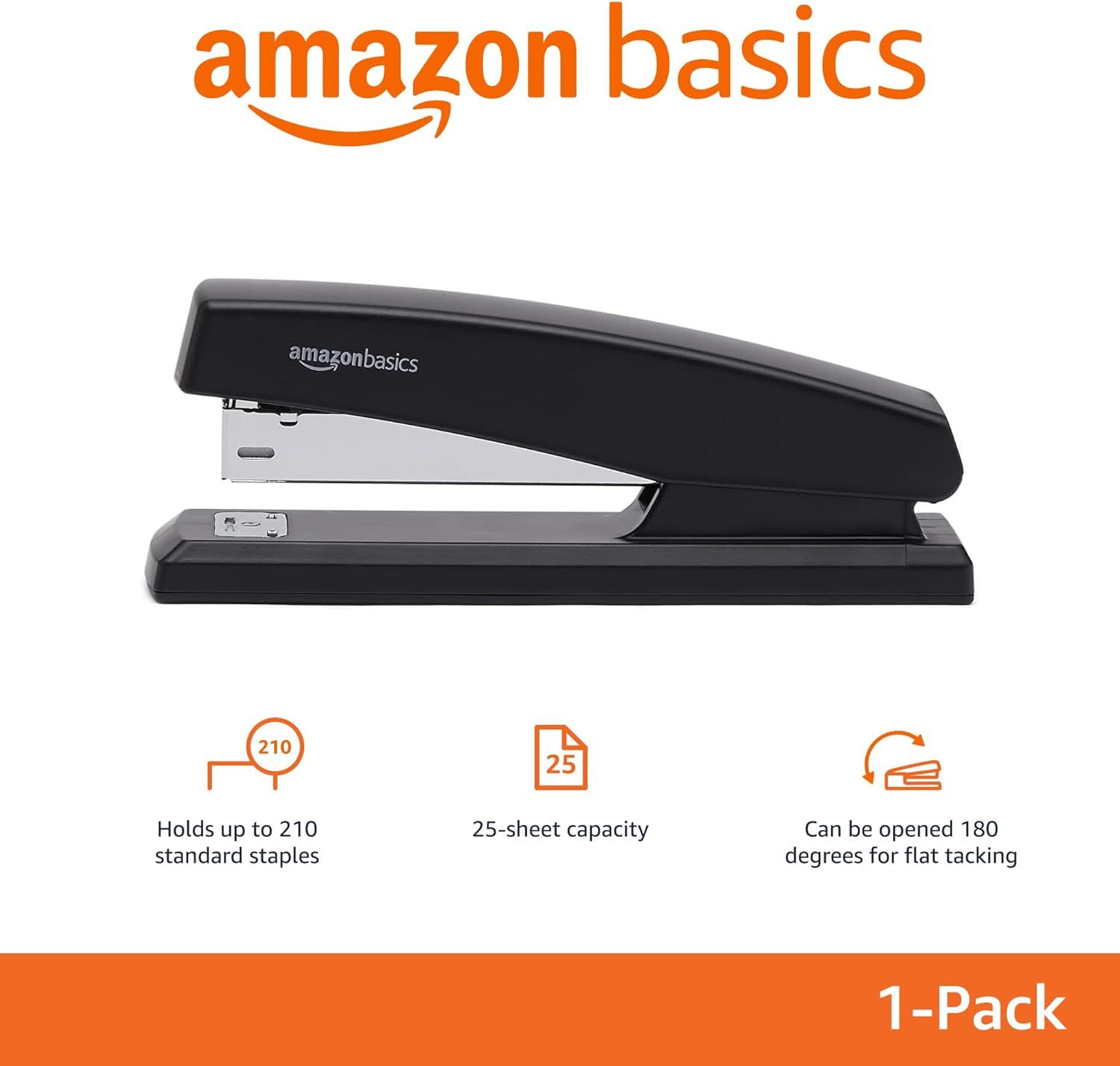 Communicates three distinct product benefits in a segmented layout: staple capacity (210 staples), sheet capacity (25 sheets), and versatility (180-degree opening for flat tacking).