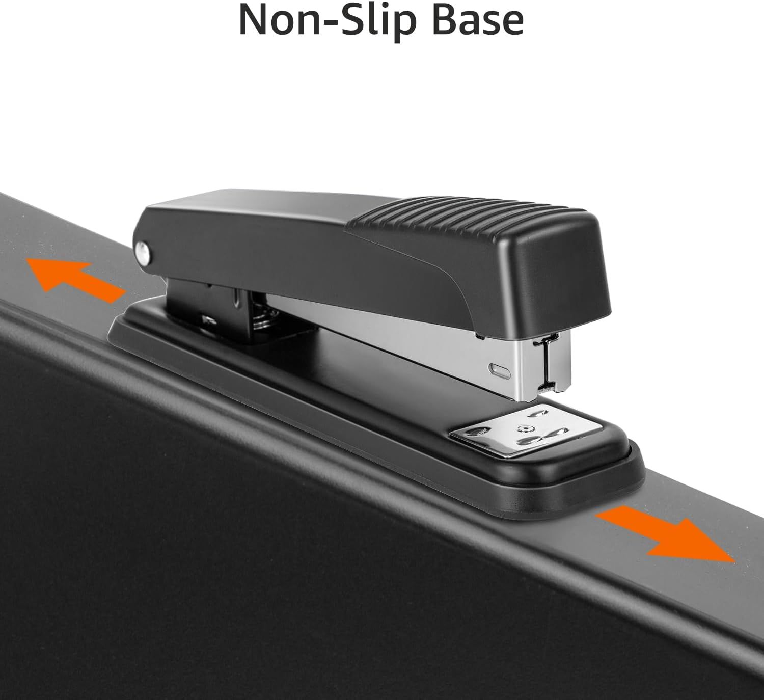Highlights the non-slip base feature of the stapler to reassure shoppers that it will stay stable during use and not slide across the desk. Communicates the stability benefit provided by the…