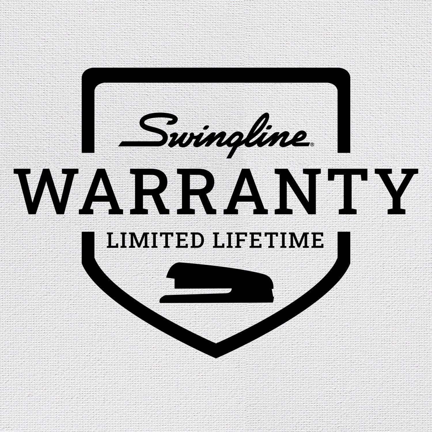 Communicates the Swingline brand's commitment to quality and customer confidence by prominently displaying their limited lifetime warranty coverage.