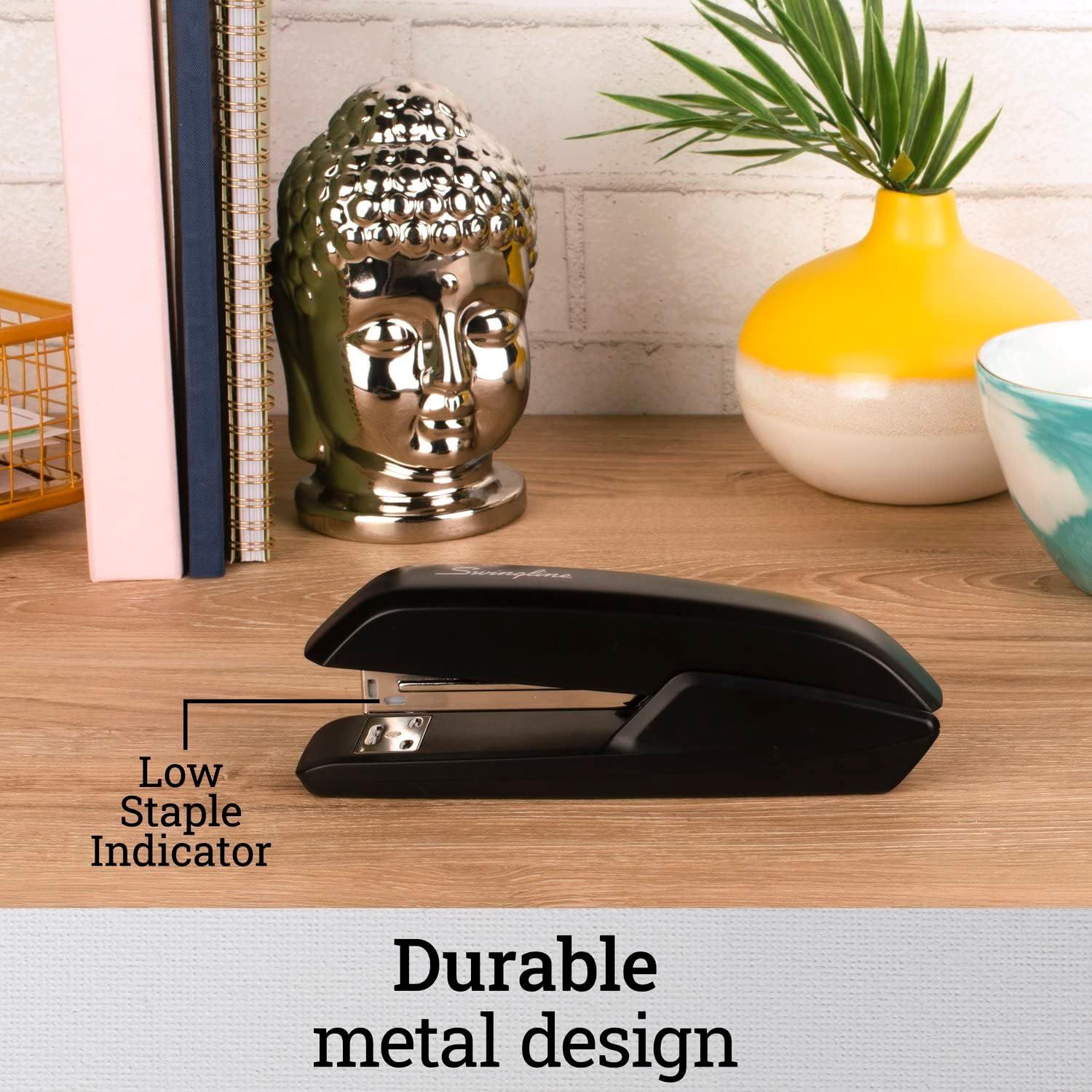 Highlights the product's durable metal construction and convenient low staple indicator feature to reassure shoppers of quality and usability.