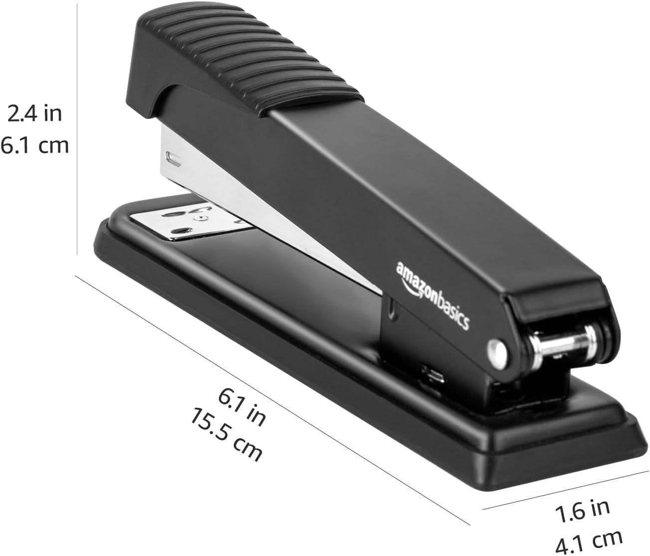 Communicates the exact physical dimensions of the stapler to help shoppers understand its compact size and whether it will fit their workspace or storage needs.