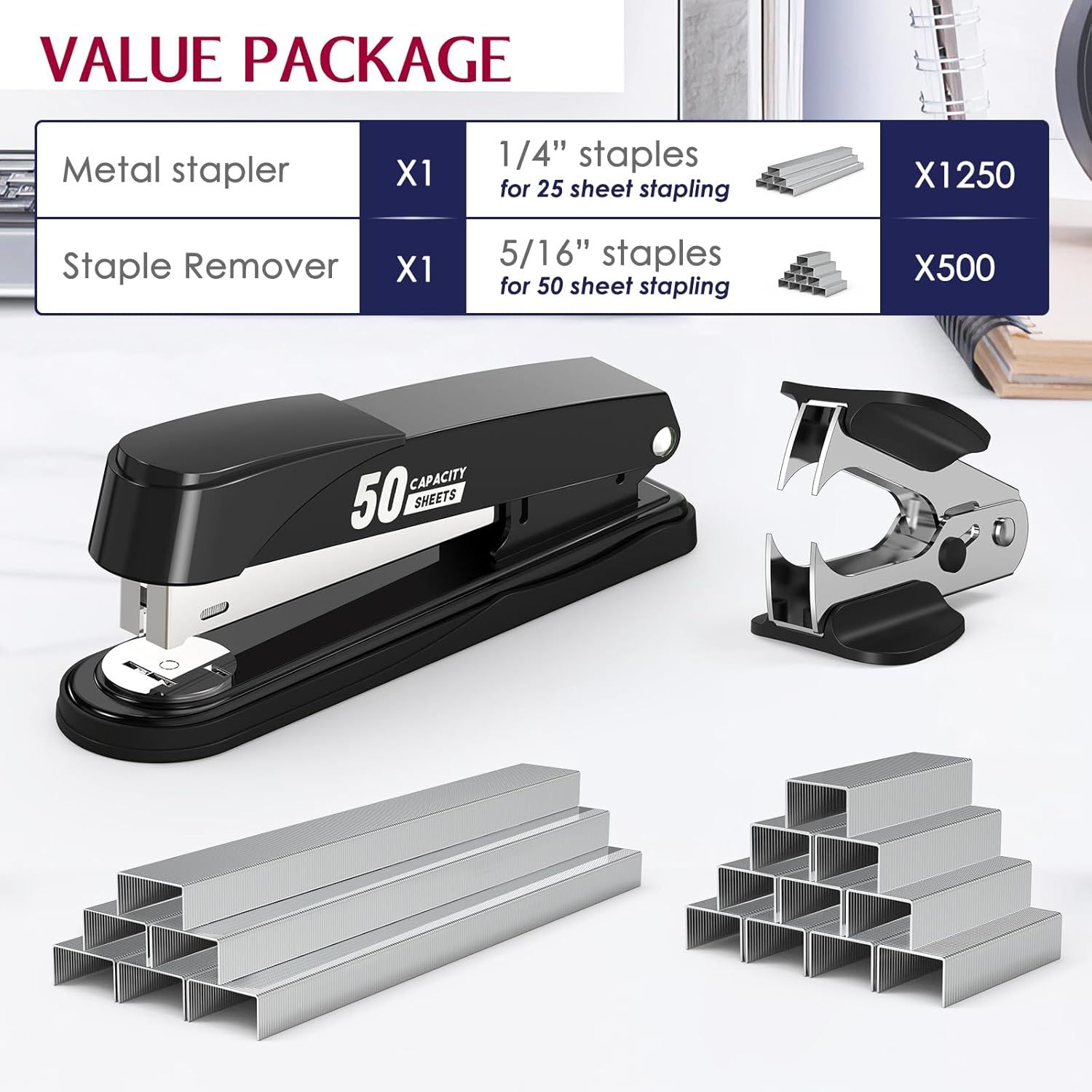 Shows everything included in the value package to help shoppers understand the complete bundle they will receive, emphasizing the comprehensive nature of the kit with multiple staple sizes and a…