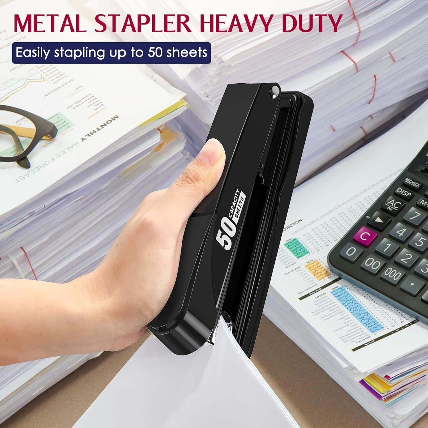 Communicates the stapler's heavy-duty performance capability by highlighting its ability to staple up to 50 sheets at once, reassuring shoppers of its strength and suitability for high-volume office…
