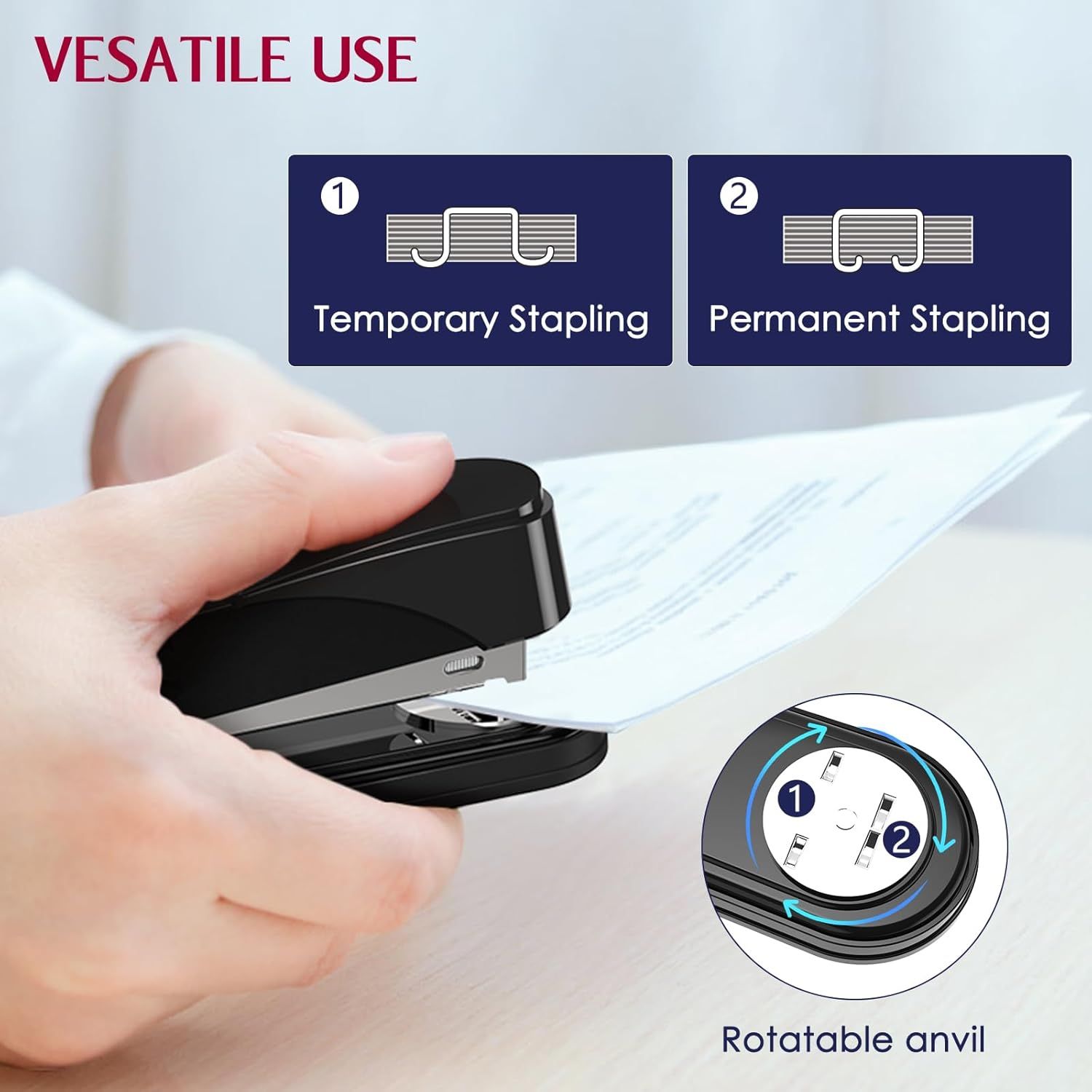 Demonstrates the product's versatility by showing two distinct stapling modes (temporary and permanent) and highlighting the rotatable anvil feature that enables switching between them. Communicates…