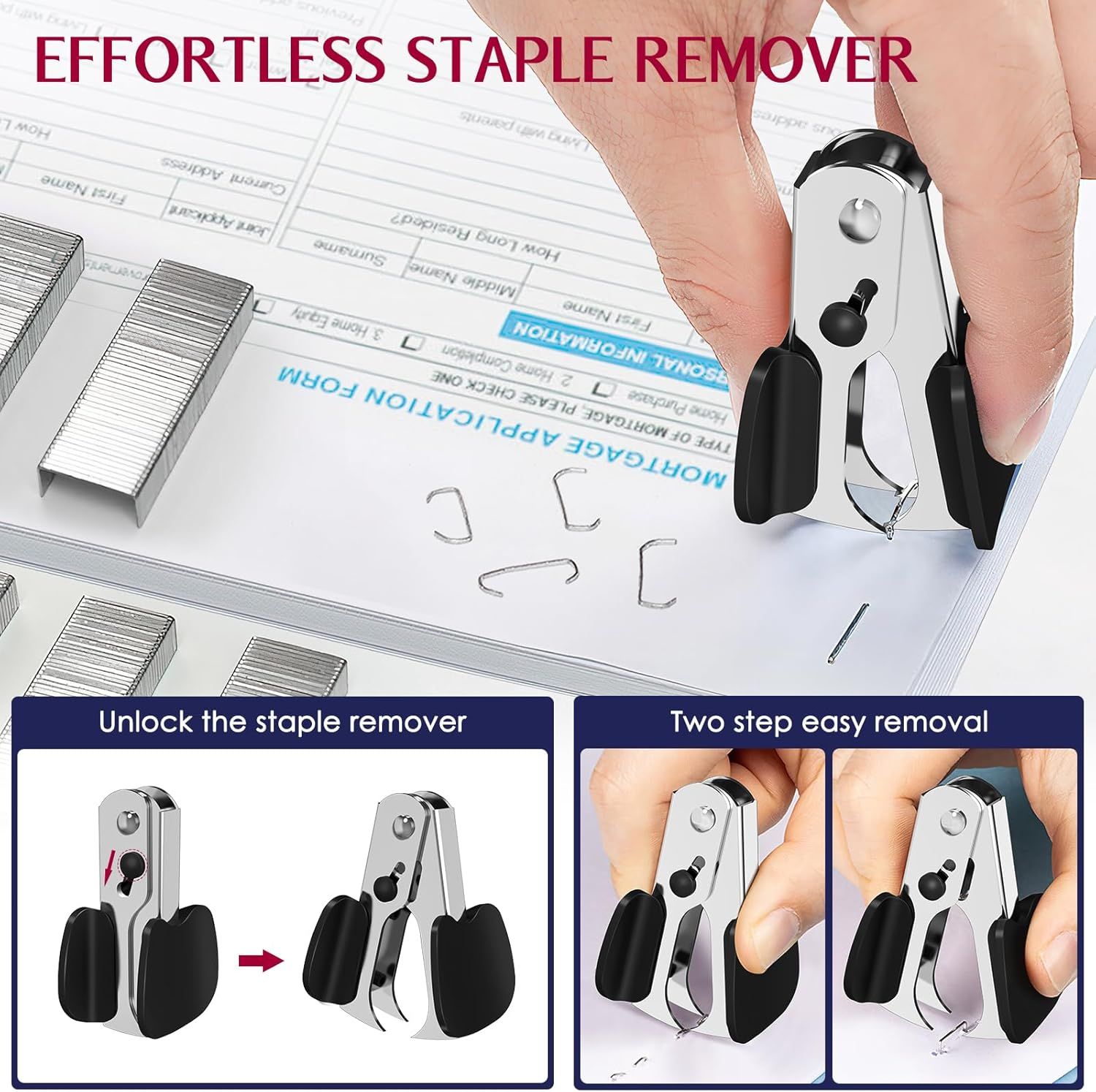 Demonstrates how to unlock and use the staple remover in a simple two-step process, reassuring shoppers that the product is easy to operate and removes staples effortlessly.
