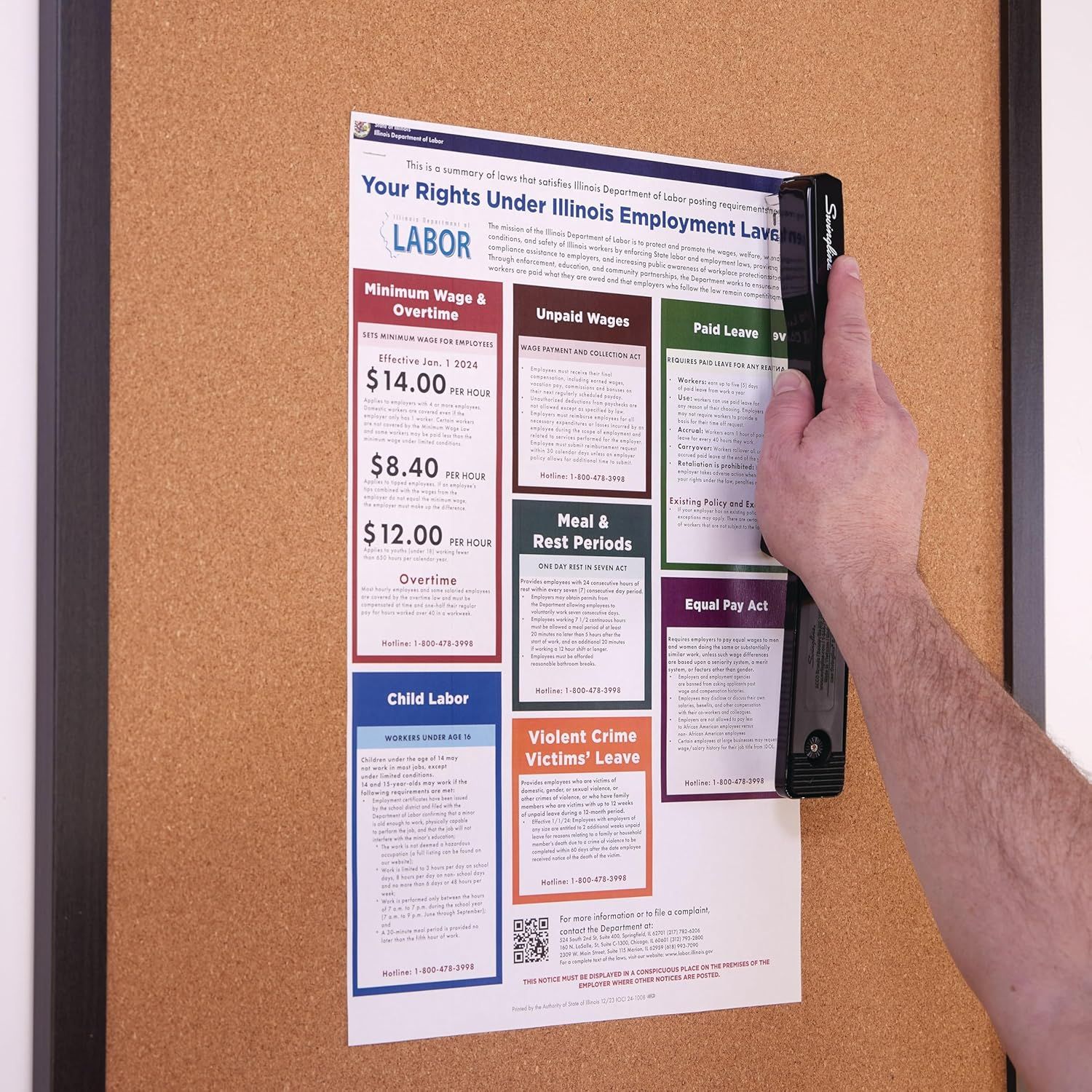 This image communicates multiple employee rights and labor law protections in Illinois, segmented into distinct blocks covering minimum wage, unpaid wages, paid leave, meal breaks, equal pay, child…