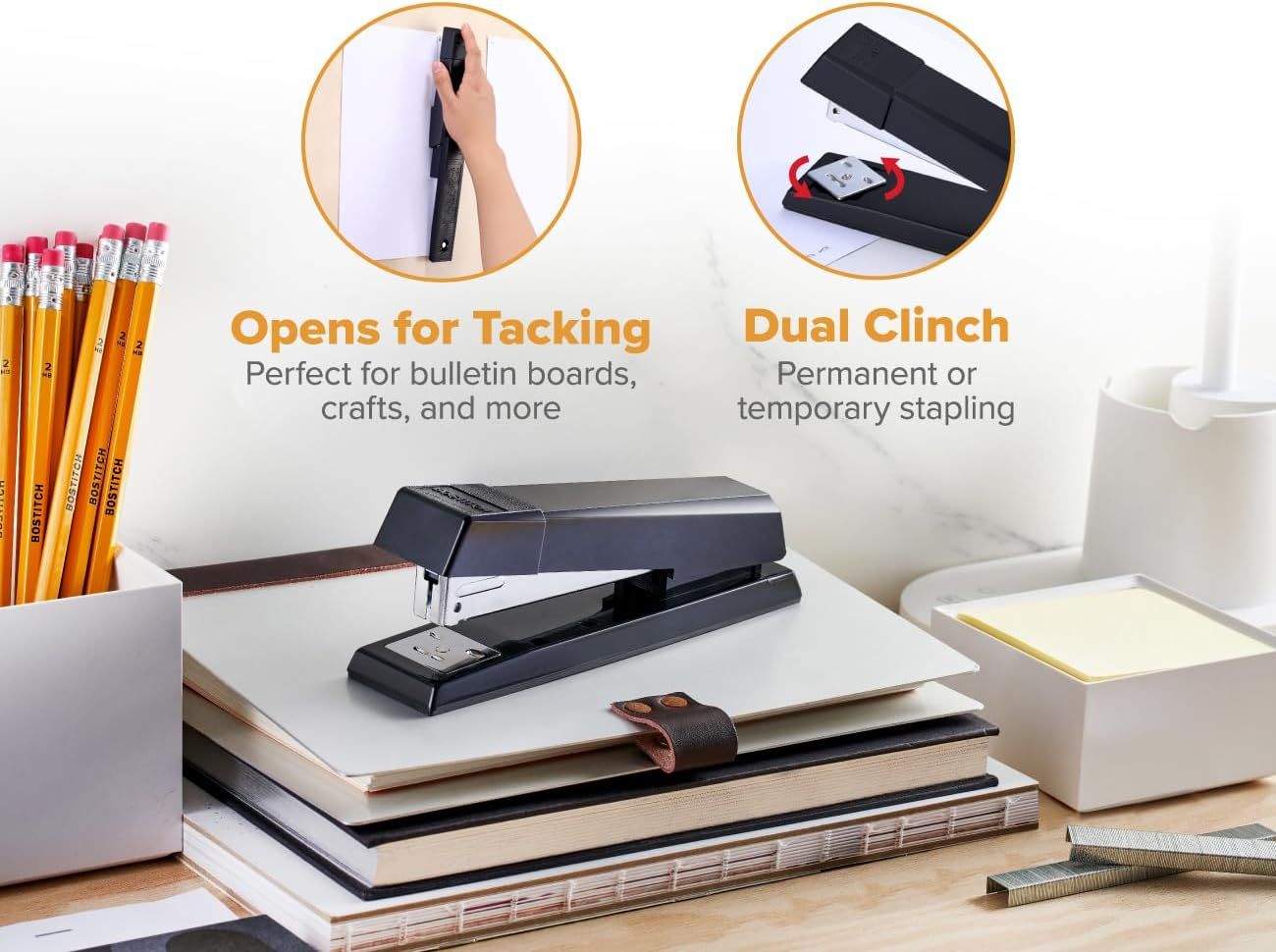 Communicates two distinct functional benefits of the stapler: its ability to open for tacking applications (bulletin boards, crafts) and its dual clinch mechanism for both permanent and temporary…