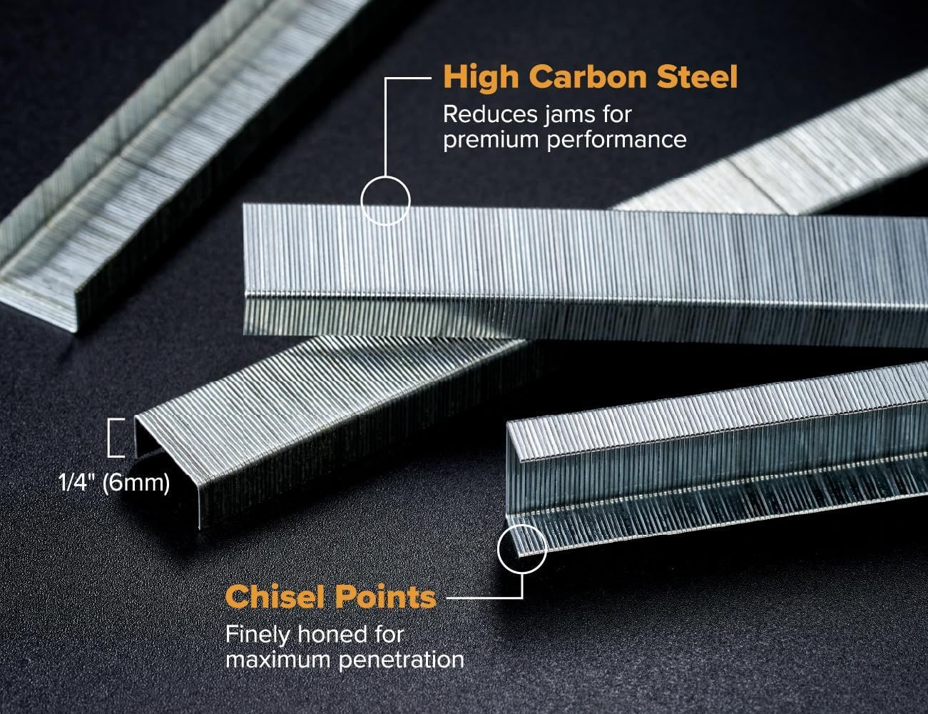 Highlights the physical components and material construction of the staples, showing how the high carbon steel reduces jams and the chisel points enable maximum penetration.