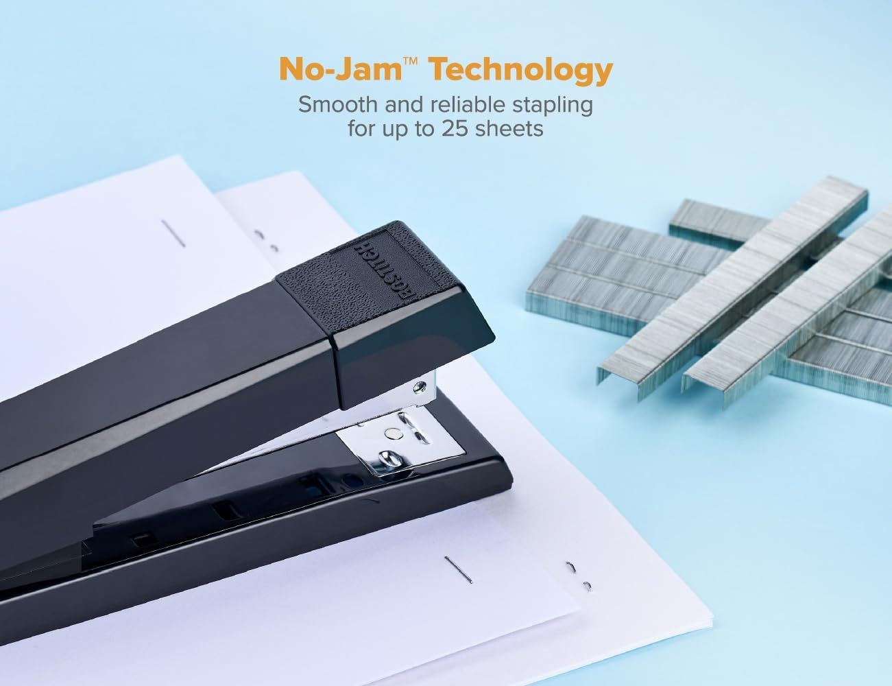 Highlights the stapler's No-Jam Technology feature, reassuring shoppers that it provides smooth and reliable stapling for up to 25 sheets without jamming.