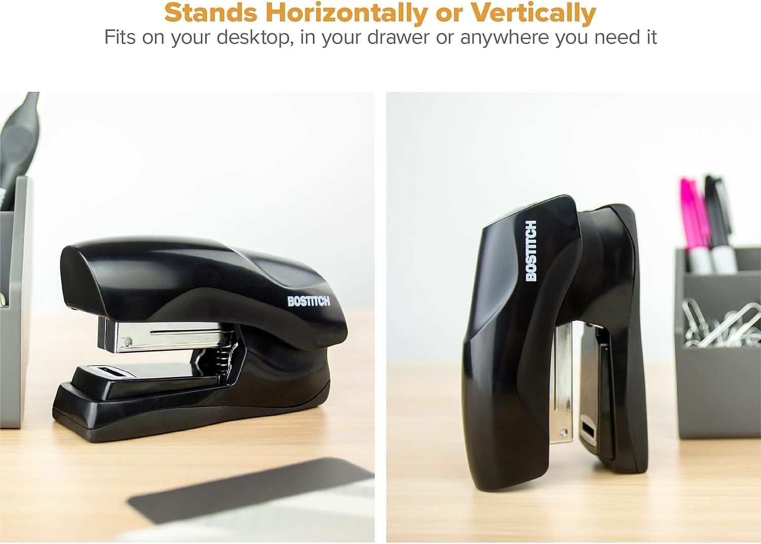 Demonstrates the product's flexibility by showing it can be positioned horizontally or vertically, fitting various workspace configurations and storage needs. Highlights the convenience and…