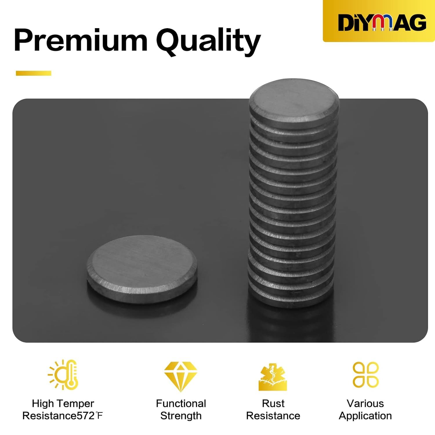 Communicates multiple key benefits of the magnets including heat resistance up to 572°F, durability, rust protection, and versatility to reassure shoppers of premium quality and broad usability.
