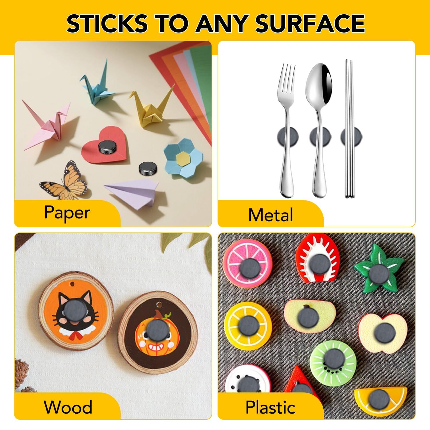 Demonstrates that the product sticks to multiple different surfaces (paper, metal, wood, plastic) to reassure shoppers of its versatility and wide range of use cases.