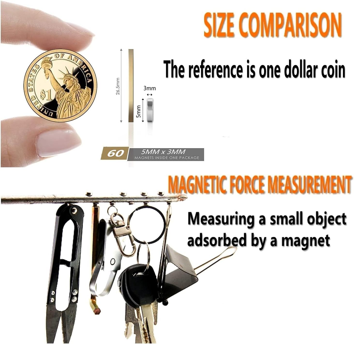 Demonstrates the exact physical size of the magnets (5mm x 3mm) using a one dollar coin as a reference object, helping shoppers understand how small the product is. Shows the magnetic force…