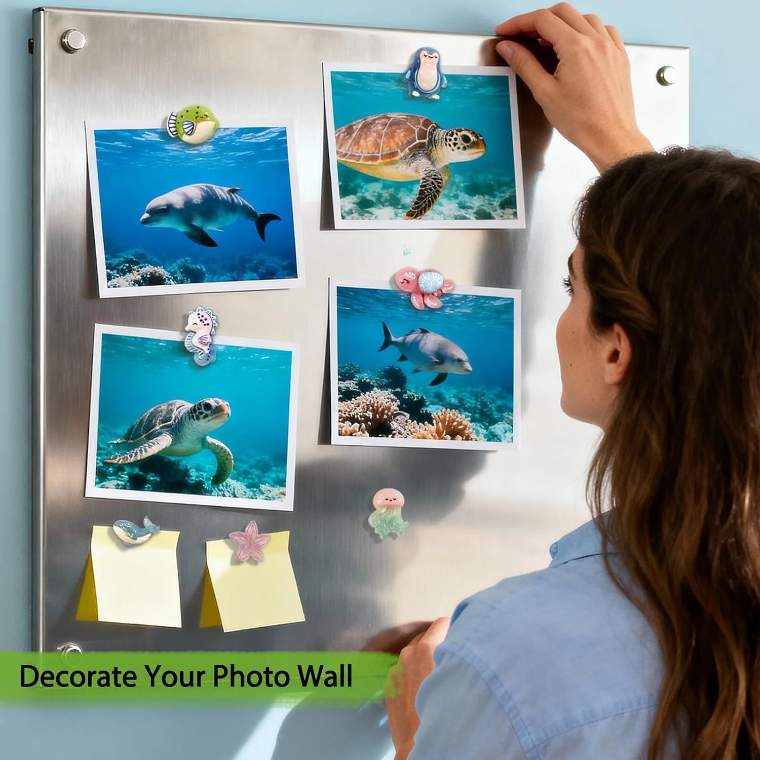 Demonstrates how the product (decorative magnets) can be used to organize and display photos on a magnetic surface, showing a real-world application in home decor.
