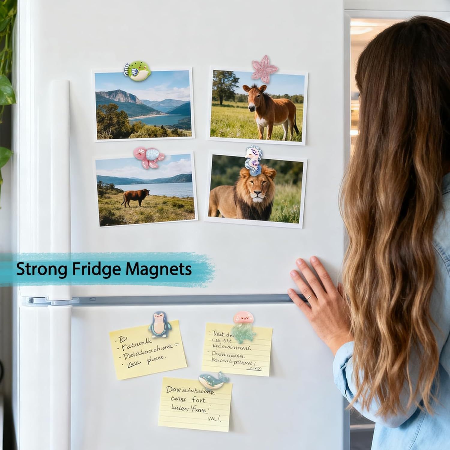 Demonstrates that the fridge magnets have strong holding power, capable of securely attaching photos and notes to a refrigerator surface.