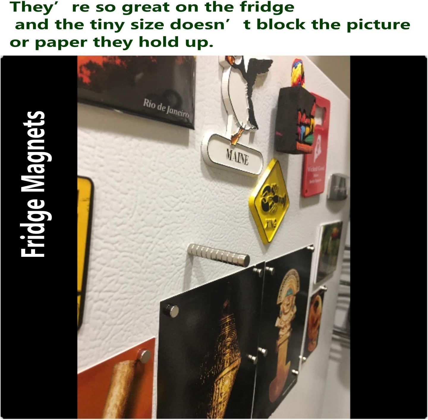 Shows a real customer's photo of the magnets being used on their fridge to hold up pictures and papers, demonstrating the product's practical functionality in a home setting. Features a direct…