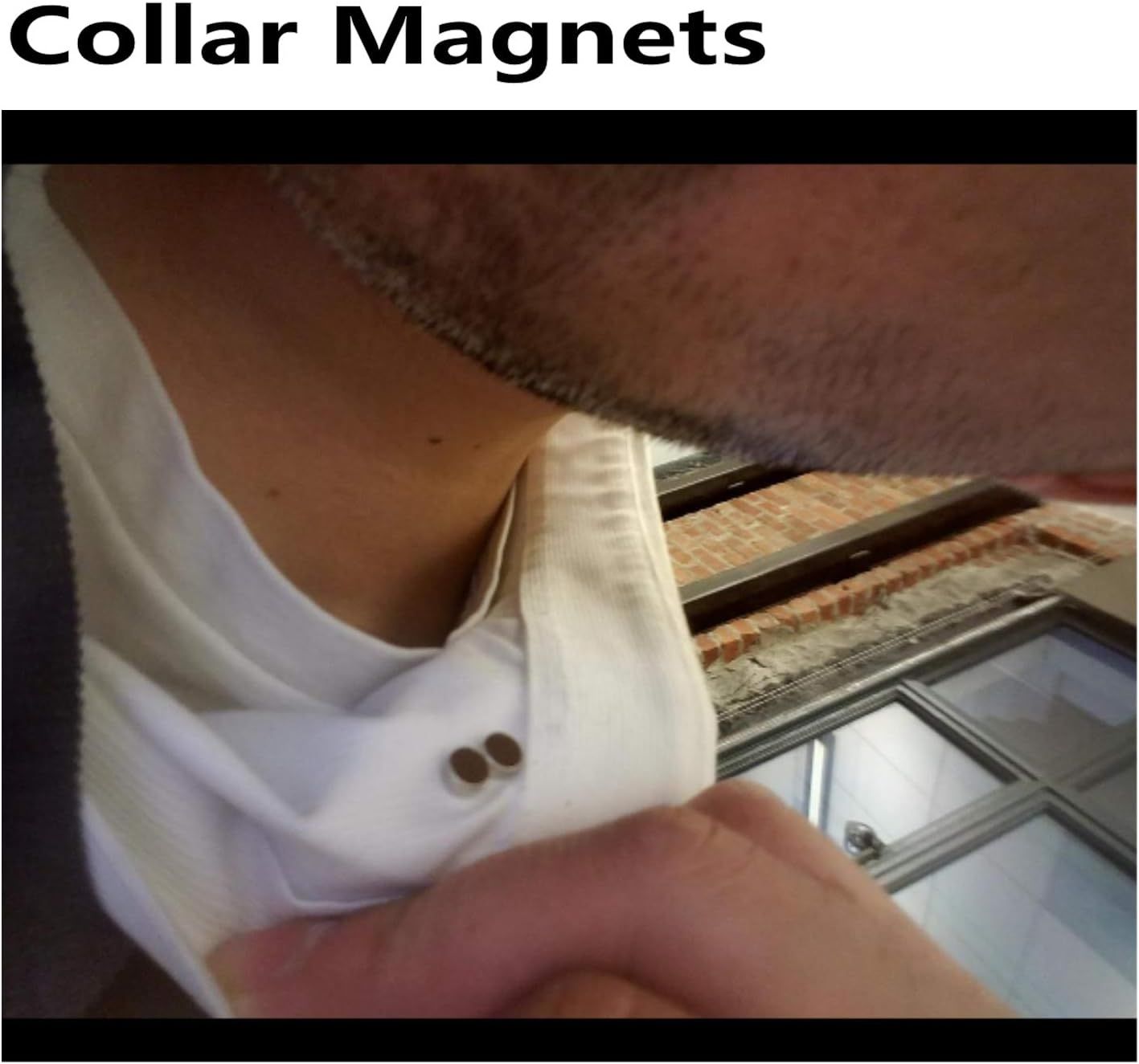 Demonstrates how the collar magnets keep shirt collars perfectly in place, solving the problem of collar curling or lifting during wear.