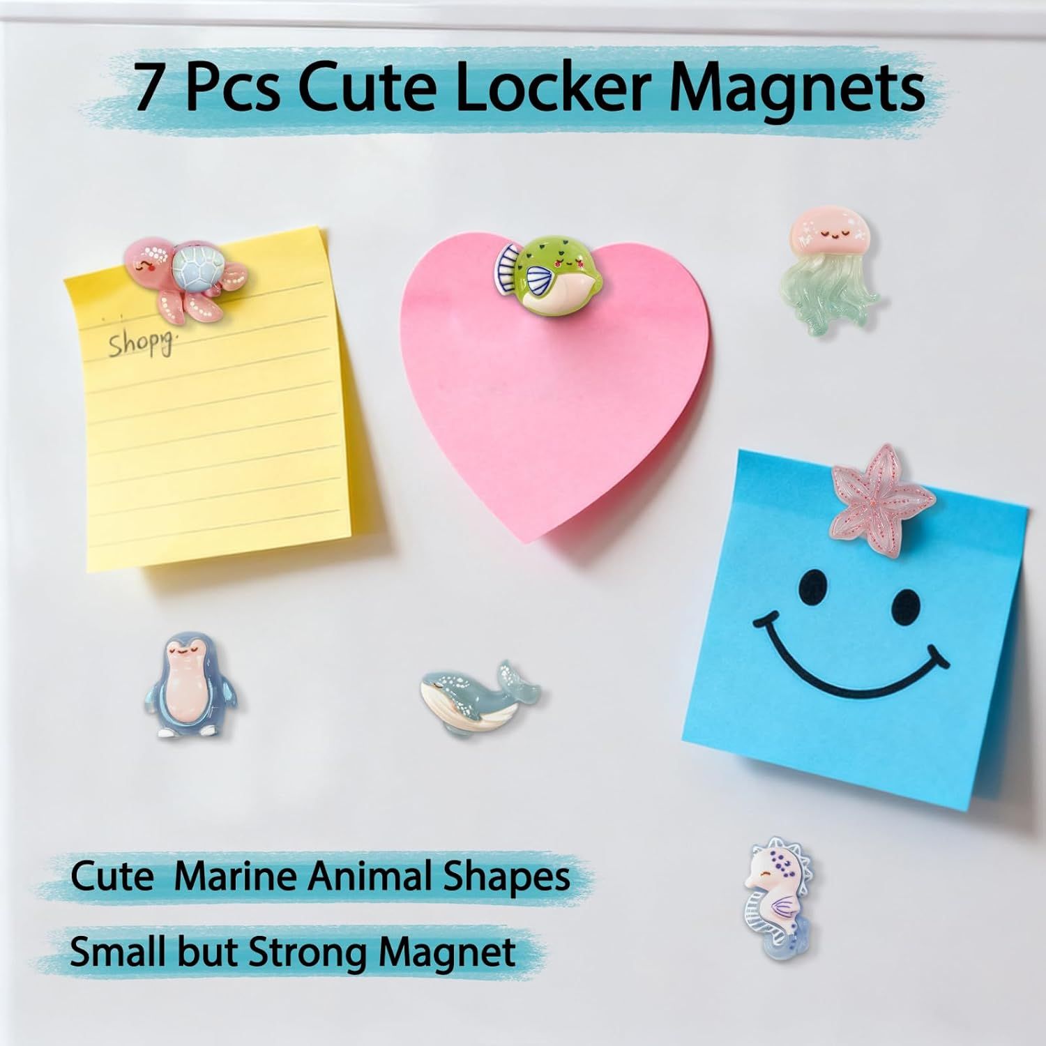 Shows all the cute marine animal-themed locker magnets included in the set, demonstrating the variety and quantity the customer receives. Highlights the key benefit that these small magnets are…