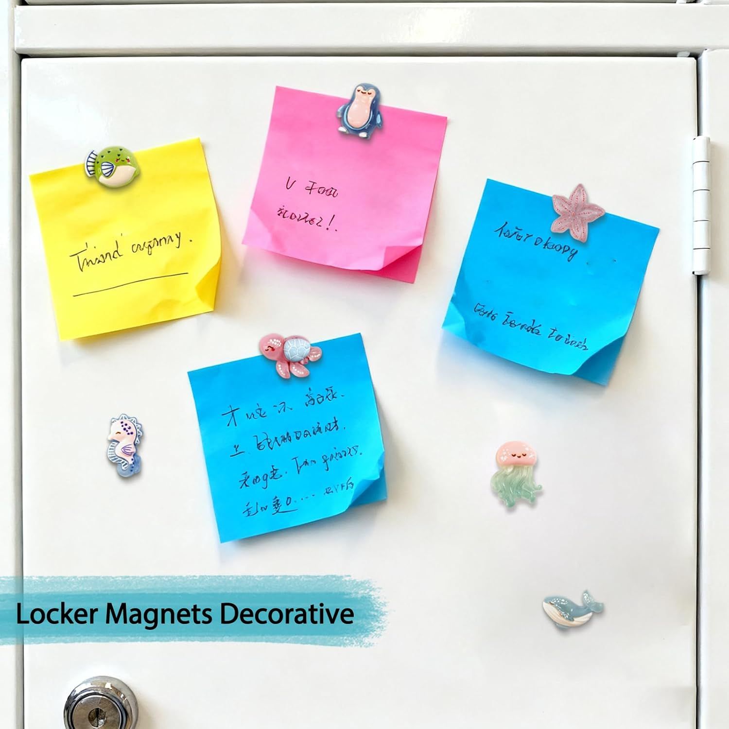 Demonstrates the product in a real-world context, showing colorful sticky notes held by cute decorative magnets on a whiteboard or locker surface to help shoppers visualize how the product looks…