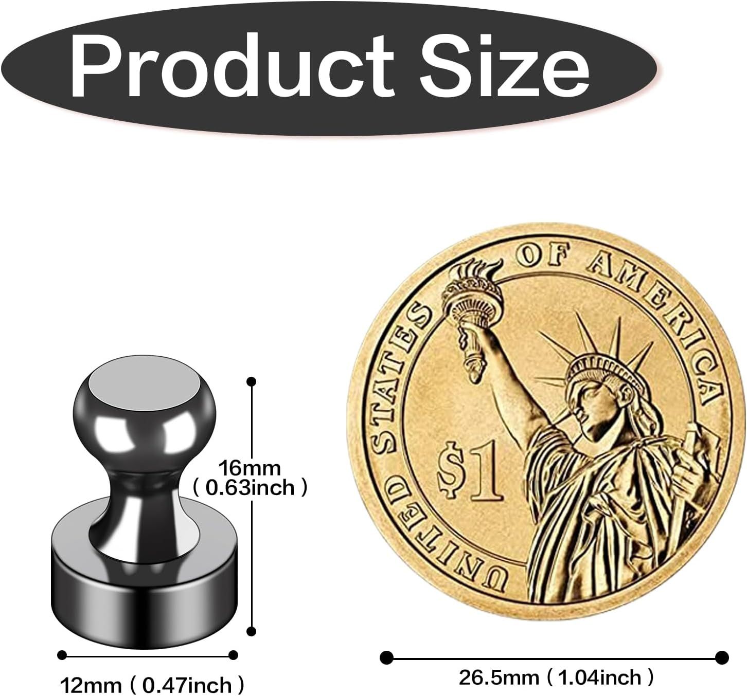 Communicates the exact physical size of the product using precise measurements and a reference object (coin) to help shoppers understand how compact the product is.