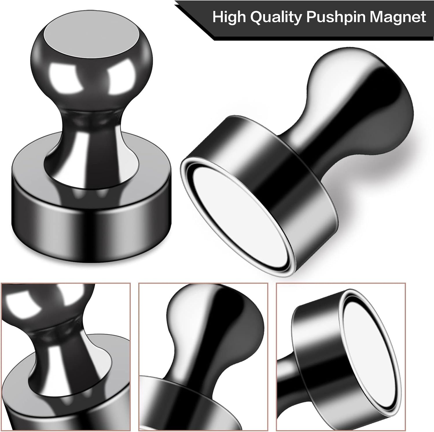 Highlights the physical construction and quality materials of the pushpin magnet through detailed close-up views of different components and angles, reassuring shoppers of the product's premium…