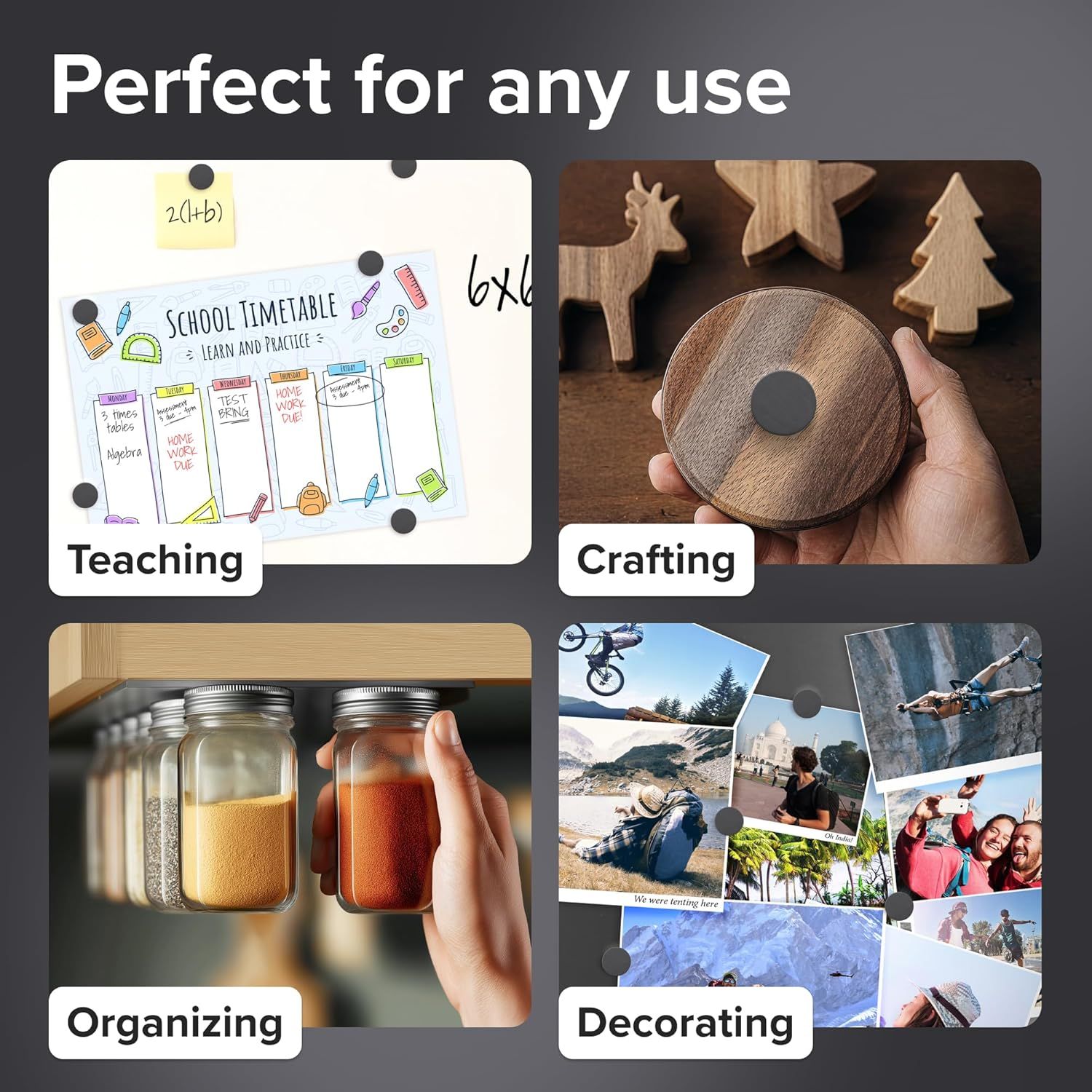 Demonstrates the product's versatility by showing four distinct use scenarios, reassuring shoppers that the product can serve multiple purposes across different contexts.