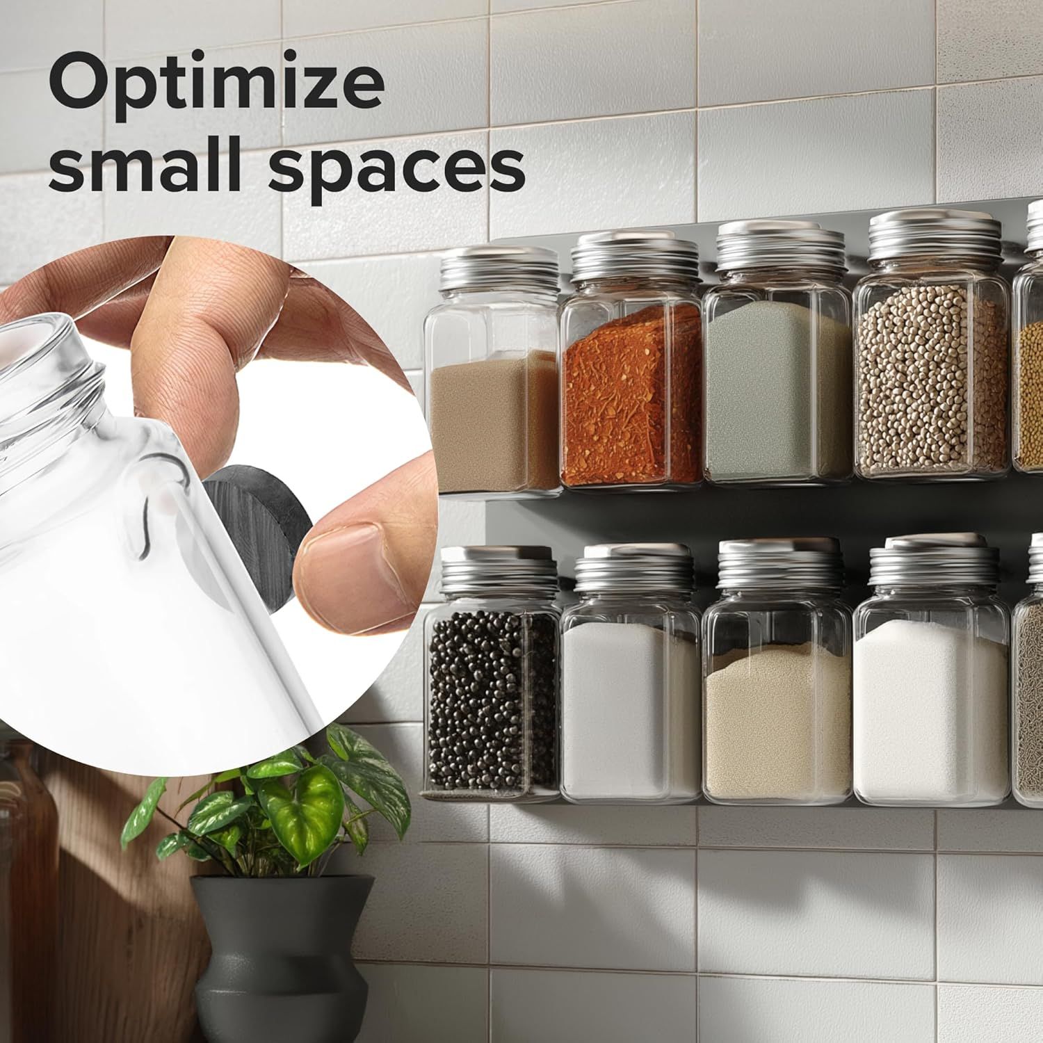 Demonstrates how the product can be used to organize spices and optimize small kitchen spaces, showing the practical application in a real-world setting. Communicates the key benefit of optimizing…
