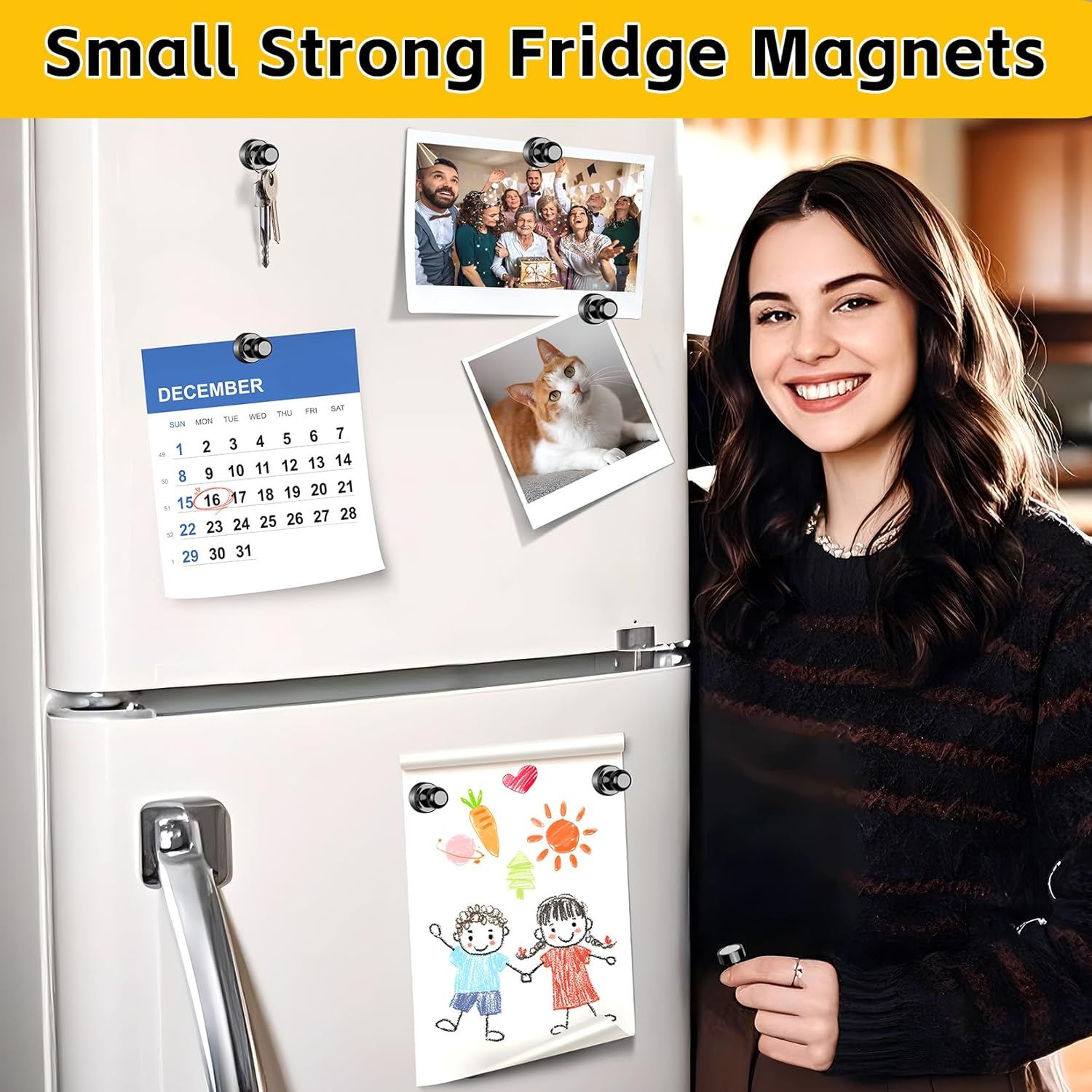 Demonstrates the product in a real-world kitchen environment, showing how the small strong fridge magnets can hold photos, calendars, keys, and children's artwork on a refrigerator.