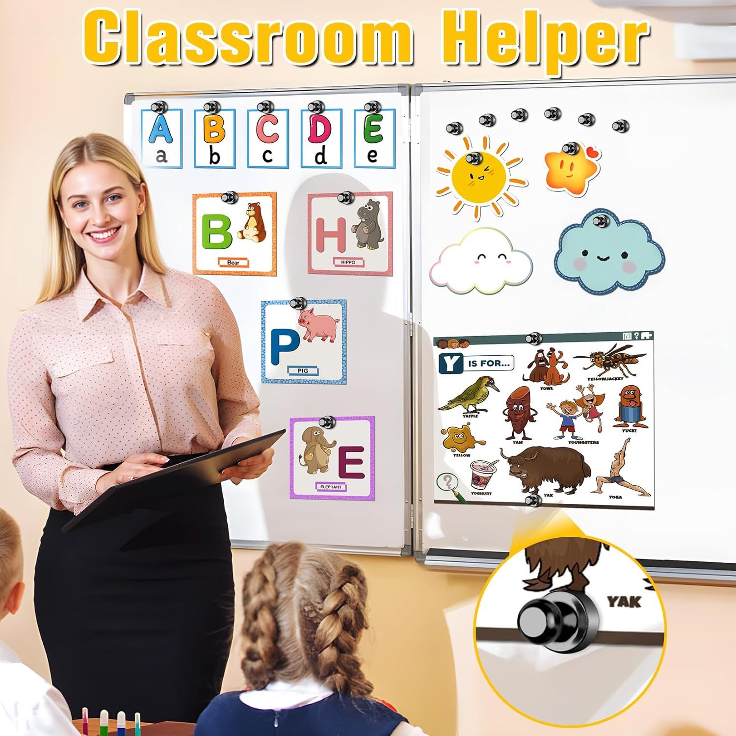Shows all the magnetic teaching materials included in the classroom helper kit, demonstrating the variety of educational content teachers receive for alphabet learning, weather tracking, and…