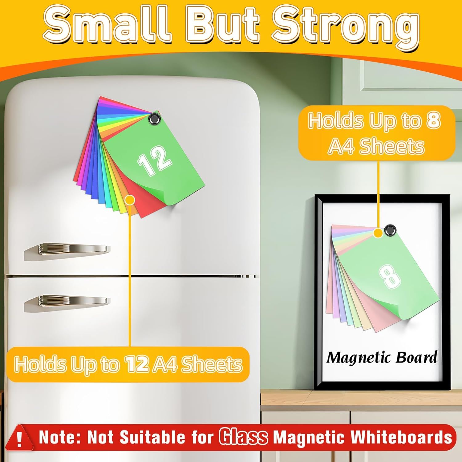 Communicates the product's capacity to hold multiple sheets of paper in different sizes, emphasizing its strength and utility for organizing documents on magnetic surfaces. Reinforces the core…